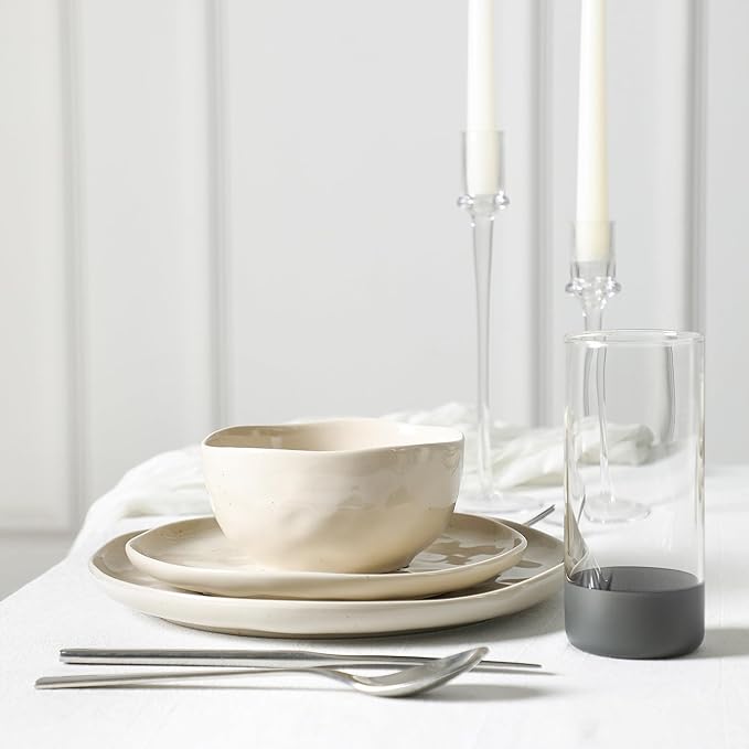 Stone Lain Mirella 32-Piece Dinnerware Set Stoneware, Borosilicate Glass, Beige