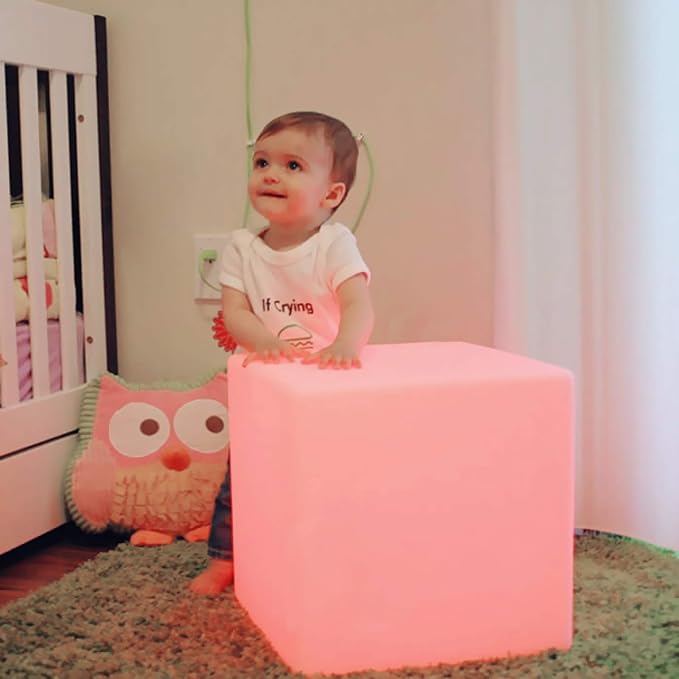 Mr.Go 12-inch Rechargeable Magic LED Light Cube Stool with Remote Control Fun Mood Lamp Soothing Night Light Decorative Lighting for Home Kids Bedside Bedroom Nightstand Nursery Pool Party