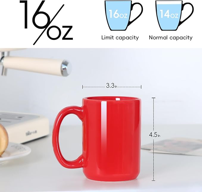 Smilatte 16 OZ Porcelain Coffee Mugs, Classic Blank Ceramic Cup with Large Handle for Tea Latte Cappuccino, Set of 4, Red