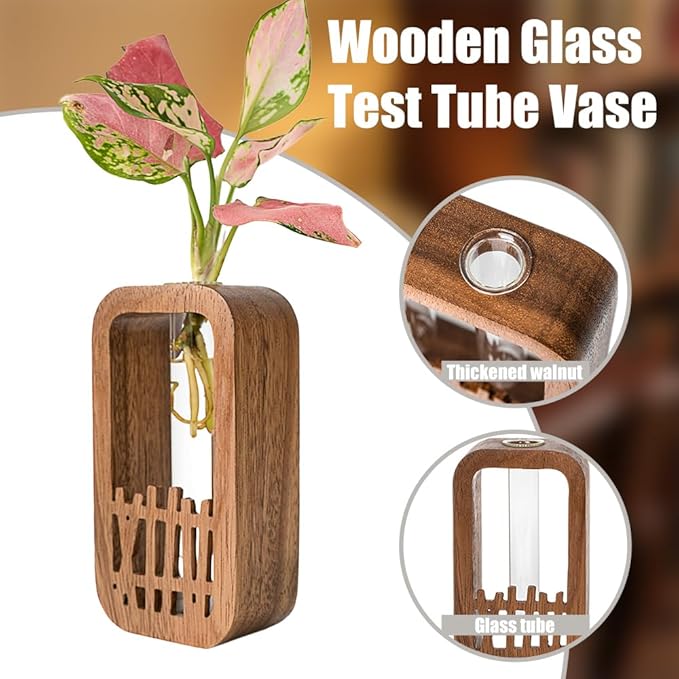 Plant Terrarium with Wooden Stand & Glass Test Tube - for Hydroponic Plants, Home Garden Office Decor, Unique Birthday, Housewarming for Plant Lovers