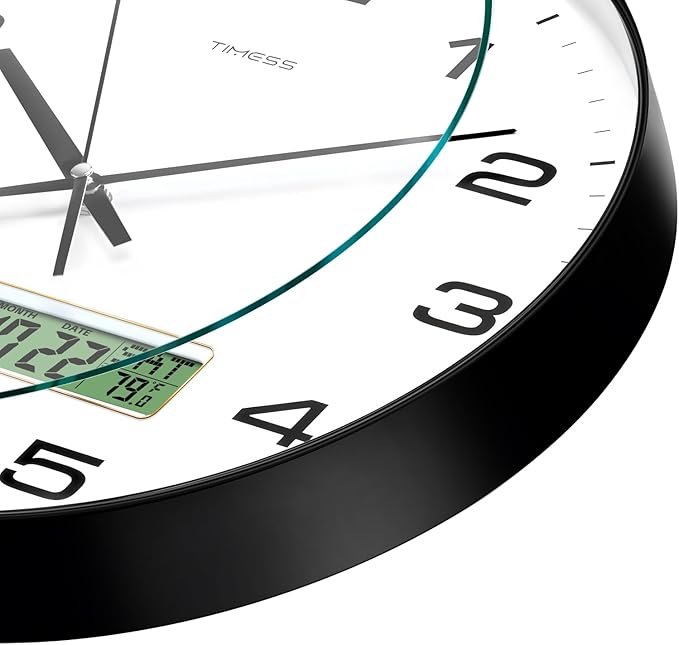 Wall Clock, 10" Dial Non-Ticking Silent Battery Operated Analog with LCD Display for Perpetual Calendar and F° Temperature, Ideal Modern Home, Bedroom, Kitchen, Office Decor (Black)