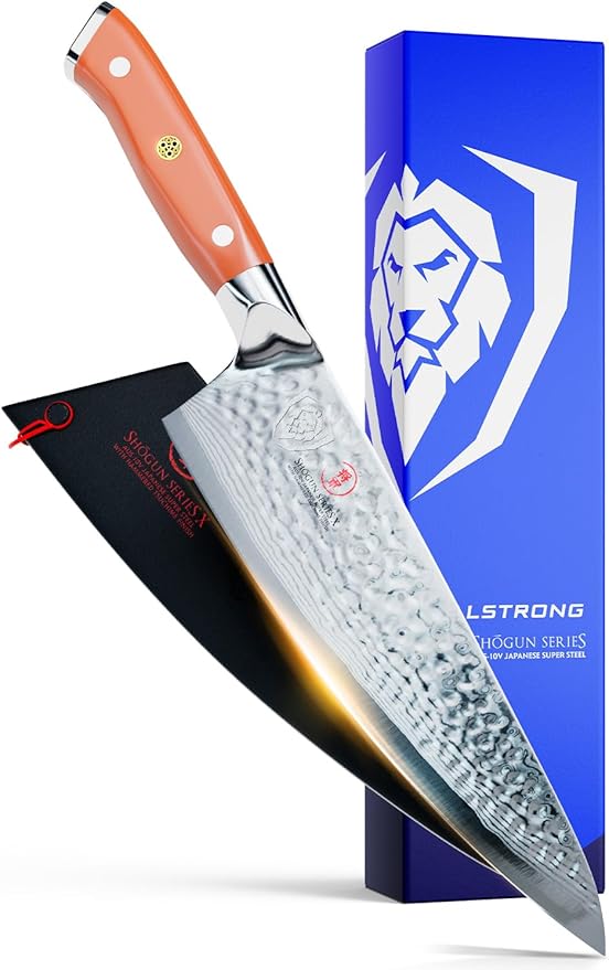 Dalstrong Chef Knife - 8 inch Blade - Shogun Series - Japanese AUS-10V Super Steel Kitchen Knife - Flame Orange Handle ABS - Damascus - Razor Sharp Knife - Professional Full Tang Knives - Sheath