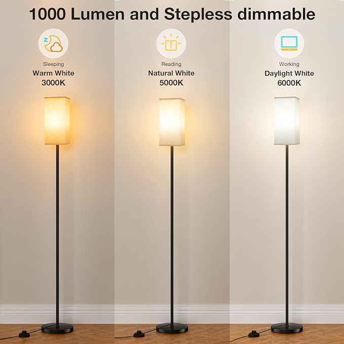 Ambimall Floor Lamps for Living Room & Remote Control, 9W Stepless Dimmable Bulb, Foot Switch, 64'' Tall Standing Lamp, Beige Lampshade(Black)