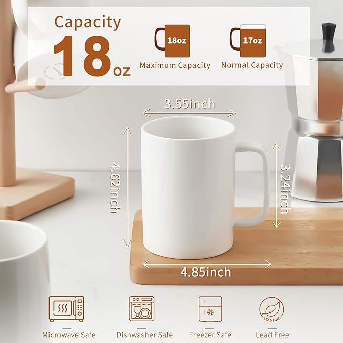 Jassceram Coffee Mugs Set of 6, 18 Ounce Porcelain Mugs for Latte, Hot Tea, Cappuccino, Cocoa and Milk, Ceramic Coffee Cups with Large Handle - Dishwasher & Microwave Safe, White