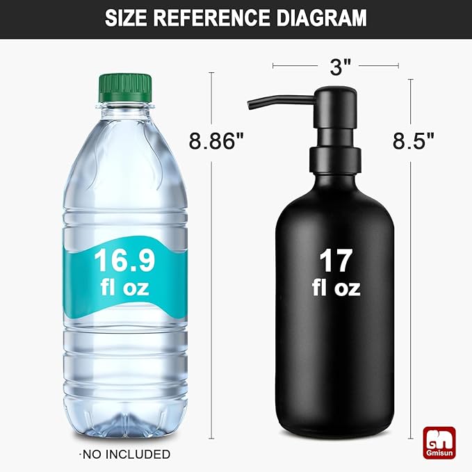 GMISUN Black Soap Dispenser, 2 Pack Matte Black Hand Soap Dispensers for Bathroom, 17 Fl Oz Glass Dish Soap Dispensers for Kitchen with Stainless Steel Pump, Modern Liquid Soap Bottle