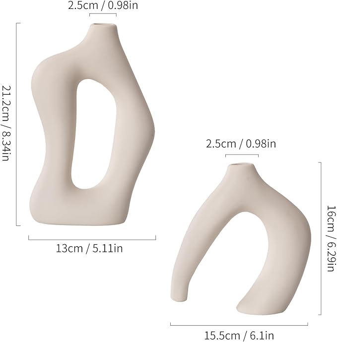 Ceramic Vase Set of 2, White Decorative Aesthetic Flower Vase for Home Décor Modern Minimalist Table, Fireplace, Shelf, Mantel, Entryway Centerpieces
