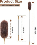 Extendable Lambswool Duster 30-100 Inch, Stainless Steel Long Handle Duster, Natural Feather Duster for Cleaning High Ceilings, Fans, Bookshelves, Interior, Cars
