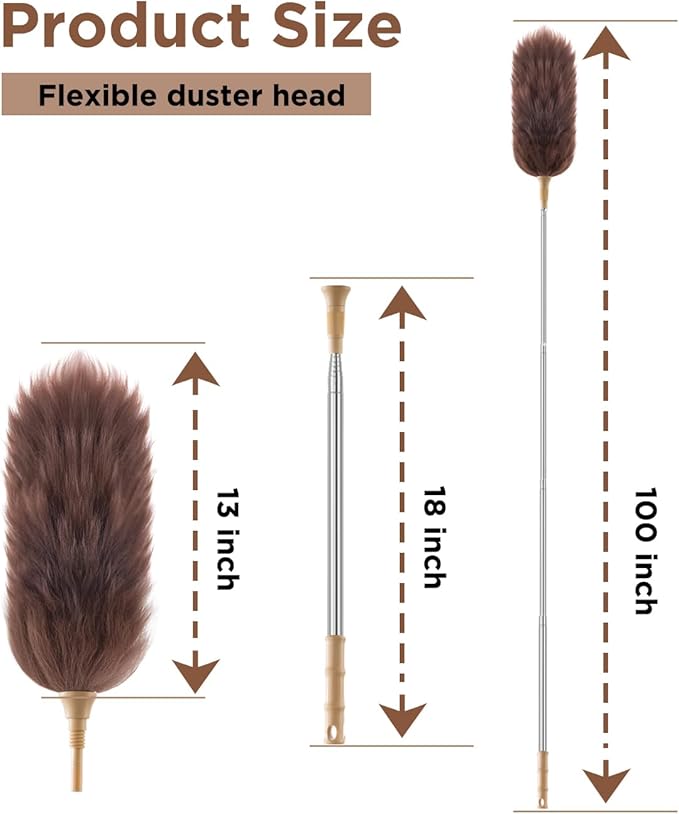 Extendable Lambswool Duster 30-100 Inch, Stainless Steel Long Handle Duster, Natural Feather Duster for Cleaning High Ceilings, Fans, Bookshelves, Interior, Cars