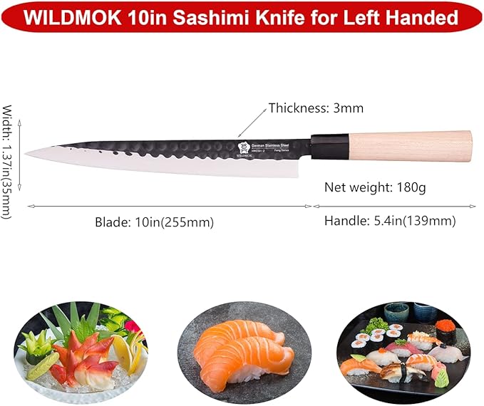 WILDMOK Left Handed Sushi Sashimi Knife 10 Inch with German Stainless Steel Yanagiba Chef Kitchen Knives for Left Handed Cutting Sushi, Fish Filleting & Slicing Vegetable