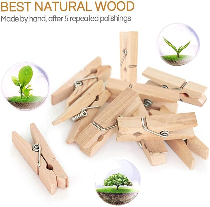 Mini Clothespins, Mini Clothes Pins for Photo, 100 Pack Wooden Small Clothes Pin with 32 FT Jute Twine String, Tiny Decorative Clothespin for Little Baby Shower Photos Clips Pictures Crafts Display
