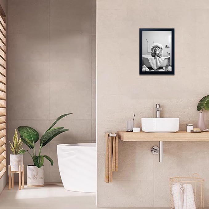 Framed Black and White Animal Bathroom Wall Art Funny Lion in tub Bathroom Pictures Wall Decor Bathtub Print Paintings