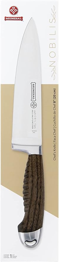 Mundial Nobilis 8” Chef Knife – Tempered Stainless Steel Blade, Textured Wood Handle, Forged for Durability, Sharp Precision Slicing, Ideal for Meat Cutting