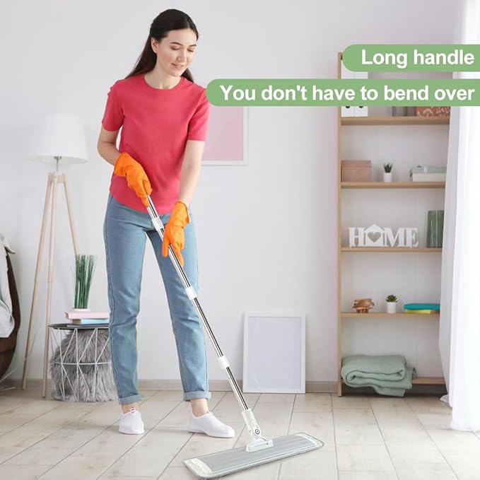 CQT Commercial Flat Microfiber Floor Mop Cleaning System 18" Inch Wet Dry and Dust Hardwood with 4 Washable Pads Cleaner for Laminate Tile Stainless Steel Handle and Extension (PT12-WET)