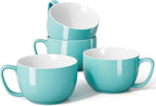 Teocera 24 oz Soup Bowls with Handles, Porcelain Large Coffee Mug Set, Jumbo Mugs, Soup Bowls Mugs set of 4 for Coffee, Oatmeal, Stew - Striped Design, Turquoise