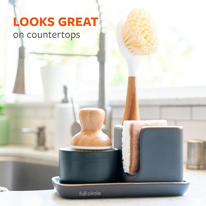 Full Circle Be Good Kitchen Dish Brush with Bamboo Handle – Long Handle Dish Scrubber with Tough Bristles, White 2pk