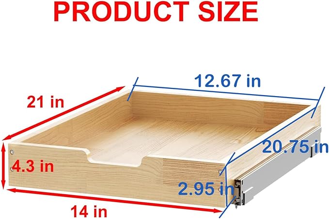 Wood Pull Out Cabinet Organizer 14" W x 21" D, Heavy-Duty Sliding Drawers for Inside Cabinets Storage and Organization for Kitchen, Pantry, Bathroom