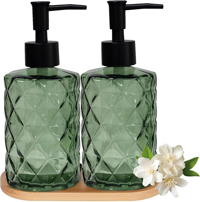 Glass Hand and Dish Soap Dispenser Set of 2 with Plastic Pumps, Bamboo Tray, 12oz Green Bathroom Soap Dispenser with Diamond for Hand Wash & Dish Wash, Ideal for Bathroom Kitchen Countertop