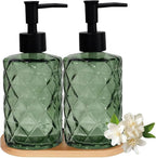 Glass Hand and Dish Soap Dispenser Set of 2 with Plastic Pumps, Bamboo Tray, 12oz Green Bathroom Soap Dispenser with Diamond for Hand Wash & Dish Wash, Ideal for Bathroom Kitchen Countertop