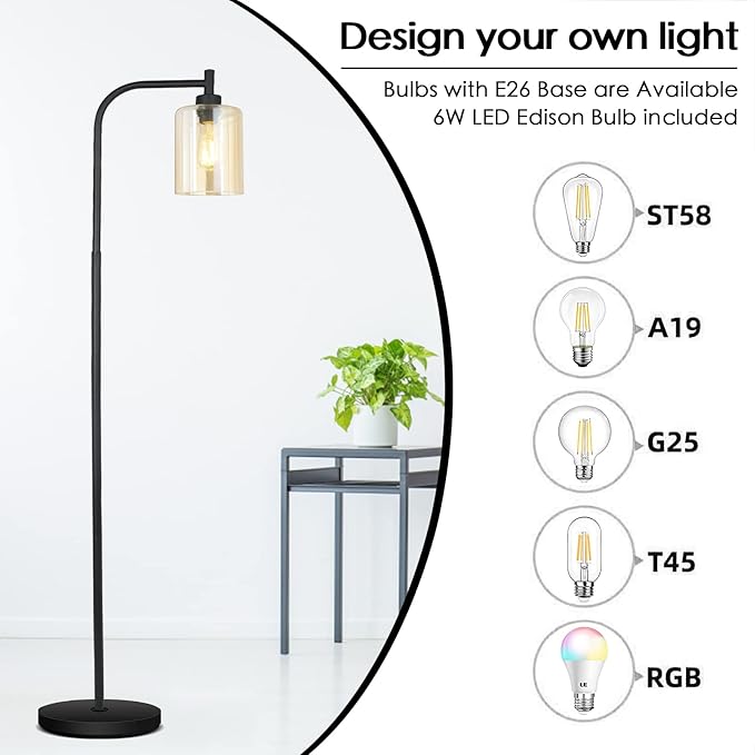 Industrial Standing Lamp with Gold Glass Lampshade, 6W LED Bulb Included, Modern Style with Foot Switch, Bright LED for Living Room, Bedroom, Office