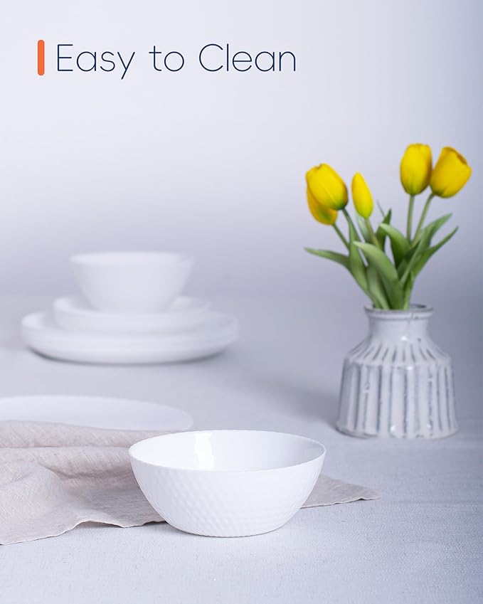 27 OZ Max Cereal Soup Bowl Set of 6, Thin Light & Durable Opal Glass 7.2 inch White Geometric Faceted Bowls for Ramen, Noodle, Salad, Fruit, Dishwasher and Microwave Safe