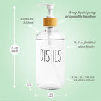 Dish Clear Glass Soap Dispenser with Plastic Pump, 16 Oz Transparent Dish Soap Dispenser Set Refillable Reusable Apothecary Soap Pump Dispenser Bottles for Bathroom and Kitchen