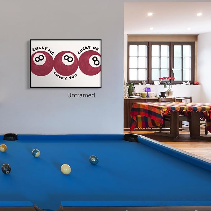 Red 8 Ball Poster, Lucky Me Lucky You Lucky Us Quote Canvas Wall Art, Playful Billiards Balls Picture Print, Retro 8ball Pool Painting for Bar Cart Game Room Man Caves Wall 16x24in Wrapped Canvas
