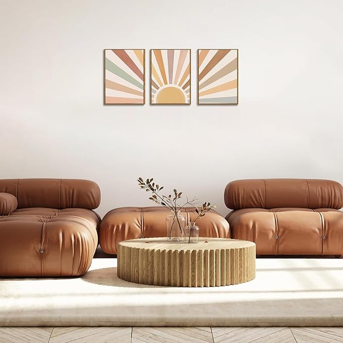 Bwodke Boho Wall Art, Framed Abstract Wall Art, Sun Rising on the Horizon Neutral Canvas Wall Decor, Mid Century Geometric Pictures Set of 3, Minimalist Paintings, for Bedroom Living Room Bathroom 16"x24"