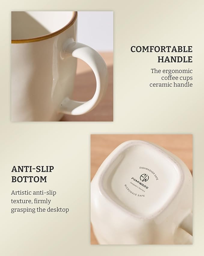 famiware Coffee Mugs Set of 4, Ocean Square 13oz Coffee Cup Set with Handle for Cocoa, Milk, Hot Chocolate, Tea, Water, Stoneware Cups for Kitchen, Microwave and Dishwasher Safe, Vanilla White