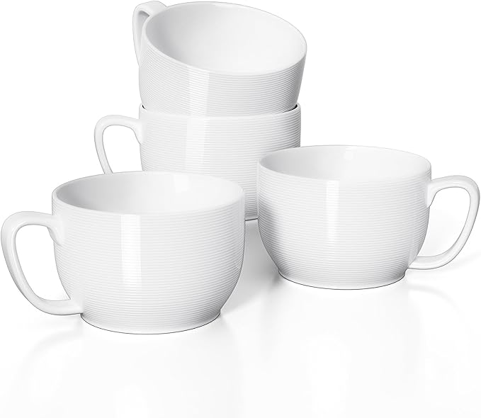 Teocera Soup Mugs with Handles, White Coffee Mugs Set of 4, Large Soup Cups - Striped Design - 24 Ounce Porcelain Jumbo Mugs Bowls for Coffee, Oatmeal, Hot Cocoa, Cereal