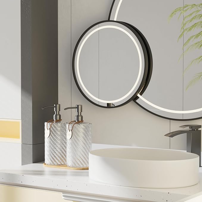 Glass Hand Soap Dispenser Bathroom Set,Dish Soap Dispenser for Kitchen Sink with Wood Tray & Silver Stainless Steel Pump,Spiral Stripe Design