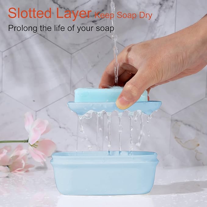 Quatish Leakproof Soap Dish with Lid & Draining Layer, Shatterproof Travel Bar Soap Holder Case Container, Portable Travel Size Toiletries Essentials for Camping, Gym, Bathroom, Blue