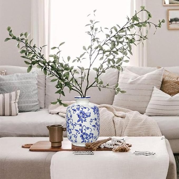 Hollyone Blue and White Porcelain Vase Large Chinoiserie Floral Vintage Tall Blue Ceramic Vases for Home Mantle Shelf Living Room Table Centerpieces Decor, 7.3 Inch