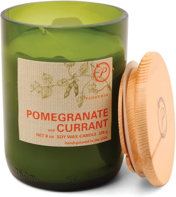 Paddywax Eco Collection Scented Soy Wax Candle in Glass Jar, Pomegranate & Currant Fragrance, Green Vessel with Wood Lid, 8 oz
