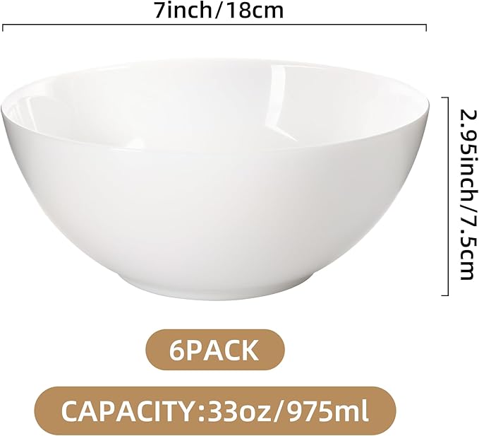C CREST Elegant 33oz White Glass Bowl Set of 6, Perfect for Soup, Cereal, Ramen, Oatmeal, Fruit, Salad, Rice Bowls; Dishwasher & Microwave Safe