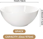 C CREST Elegant 33oz White Glass Bowl Set of 6, Perfect for Soup, Cereal, Ramen, Oatmeal, Fruit, Salad, Rice Bowls; Dishwasher & Microwave Safe