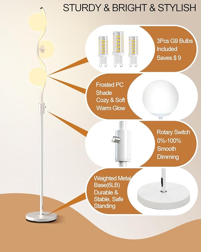 Lightdot 60IN Dimmable (Brightness Adjustable) White Floor Lamp, Mid Century Standing Lamps with 3 Globe Soft Warm White Eye Care 3000K Bulbs Included, Modern Tall Lamp for Bedroom Office