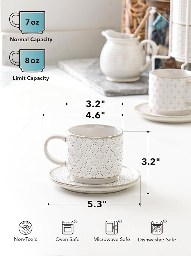LE TAUCI Stackable Cappuccino Cups 8 oz with Saucers and Stand, Ceramic Large Latte Cup for Au Lait, Cafe, Mocha,Tea, Dishwasher Oven Safe - Set of 4, Arctic white