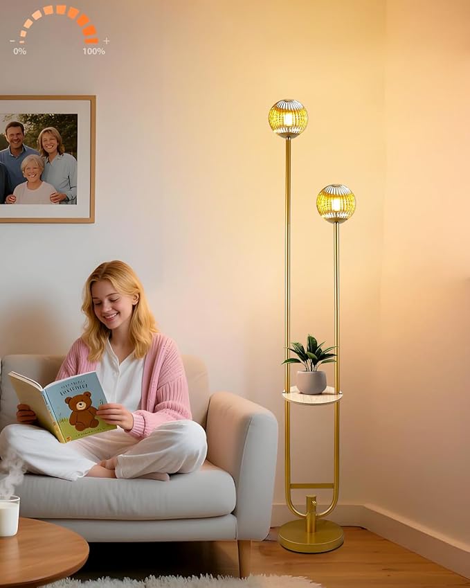 Lightdot Glass Floor Lamp with Tray, 2Pcs 3000K Soft Warm White Bulbs Included, Mid Century Modern Standing Lamps, Gold Dimmable Globe Floor Lamp for Living Room/Wedding/Party