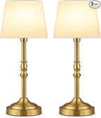 GGOYING Set of 2 Rechargeable Cordless LED Table Lamps, 4-Level Dimmer, Bronze Portable Desk Lamps with White Fabric Shades, Night Light for Dining, Bedroom and Patio