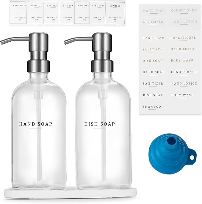 Glass Soap Dispenser - Dish Soap Dispenser for Kitchen, Hand Soap Dispenser Set, Bathroom Soap Dispenser with 304 Rust Proof Pump, Soap Dispenser for Kitchen with Tray, Clear Bottle/Silver Pump