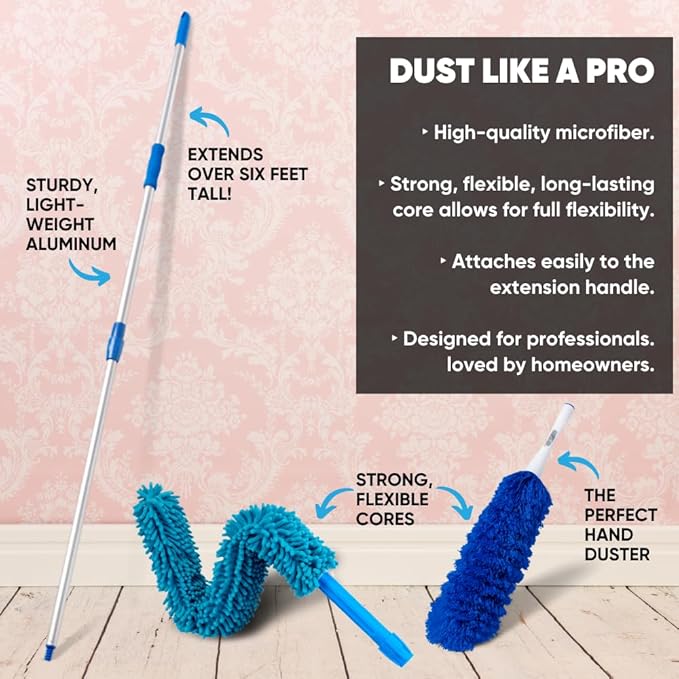 Extendable Duster - Microfiber Duster Kit: Ceiling, Fans, Baseboards, Cob Webs, Telescoping, Reusable & Washable, Feather & Chenille Dusters, 6ft. Adjustable Handle