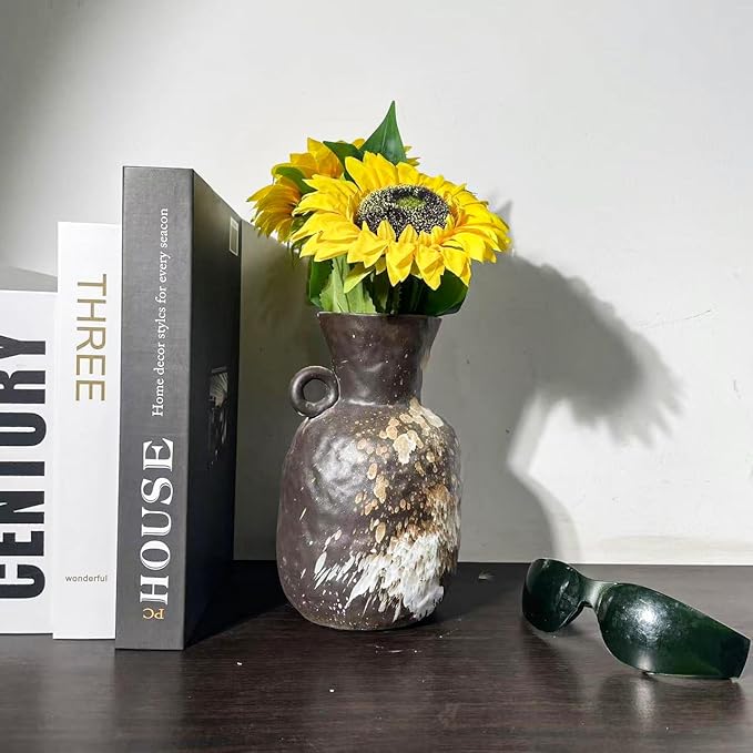 Rustic Pottery Ceramic Vase - Vintage Farmhouse Style Decor, White Grid Ceramic Vases for Home Decor, Modern Farmhouse Decor (Black white)