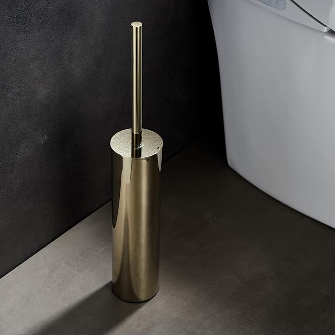Freestanding Luxury Toilet Brush 304 Stainless Steel Toilet Brush and Holder 19-Inches Tall Round Rust Resistant Anti-Odor and Easy to Clean with Polished Gold Finished