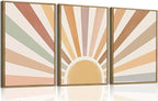 Bwodke Boho Wall Art, Framed Abstract Wall Art, Sun Rising on the Horizon Neutral Canvas Wall Decor, Mid Century Geometric Pictures Set of 3, Minimalist Paintings, for Bedroom Living Room Bathroom 12"x16"