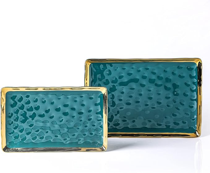 Stone Lain Florian Porcelain Large and Medium Rectangle Service Platters, Green with Gold Rim