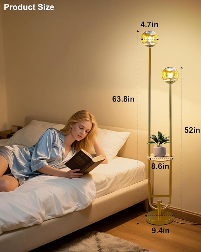 Lightdot Glass Floor Lamp with Tray, 2Pcs 3000K Soft Warm White Bulbs Included, Mid Century Modern Standing Lamps, Gold Dimmable Globe Floor Lamp for Living Room/Wedding/Party