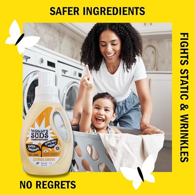 Molly’s Suds Fabric Softener Liquid for Sensitive Skin | Vinegar-Powered, Infused with Essential Oils | Fights Static, Reduces Wrinkles, Deodorizes | Citrus Grove, 50 Loads