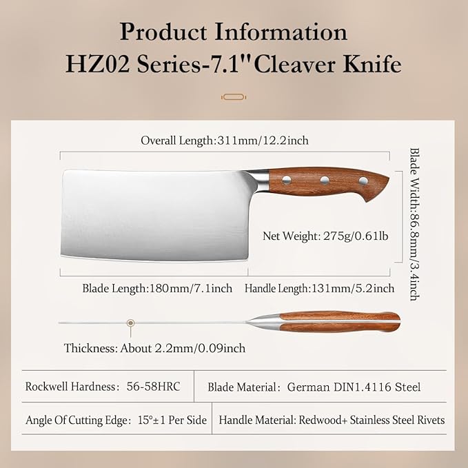 HEZHEN Cleaver Knife 7.1 inch, German 1.4116 Steel & Ergonomic Red Wood Handle, Sharp Meat Cleaver for Meat Cutting Vegetable Slicing