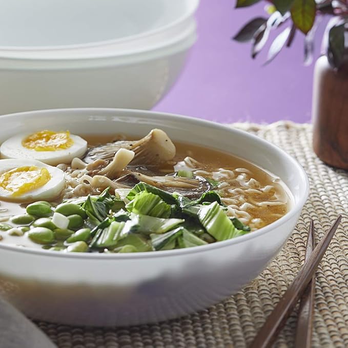 Corelle 4-Pc Meal Bowls Set Service for 4, Durable and Eco-Friendly 9-1/4-Inch Glass Bowls, Compact Stack Bowl Set, Microwave and Dishwasher Safe, White, 46 Ounces