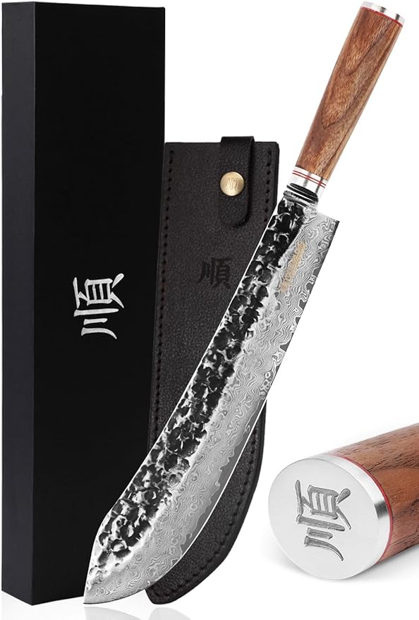 YOUSUNLONG Breaking Knives 12 inch Max Bull Nose Butcher Knife Japanese Hammered Damascus Steel Natural Walnut Wooden Handle